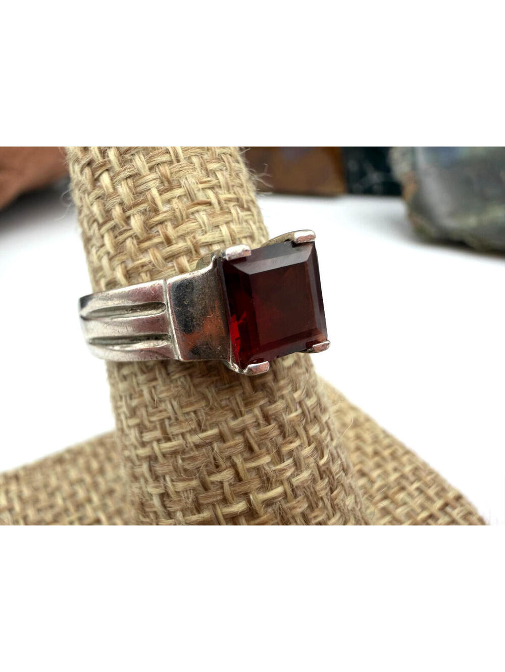 Sterling Silver Stamped 925 Square Red Garnet Gemstone Ring